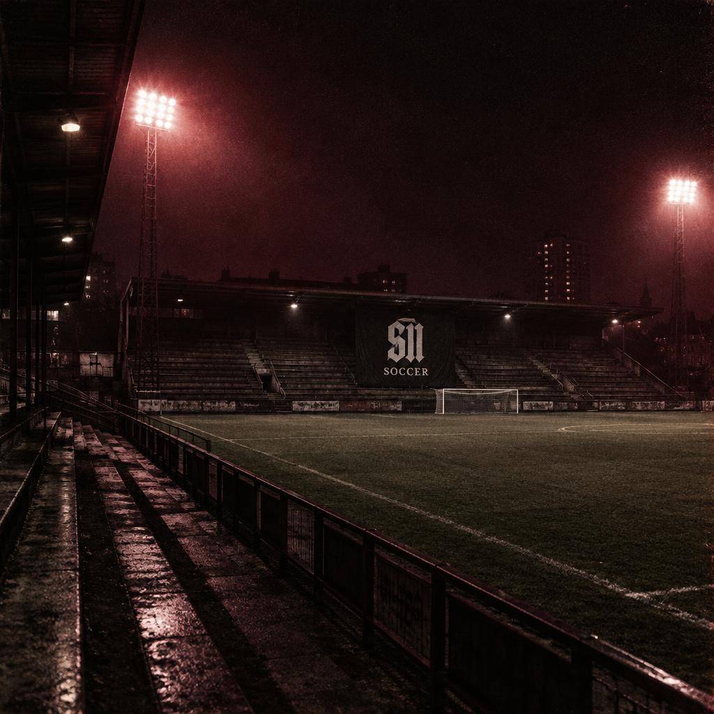 Estadio imaginario de noche con focos, gradas vacías y emblema S11 Soccer